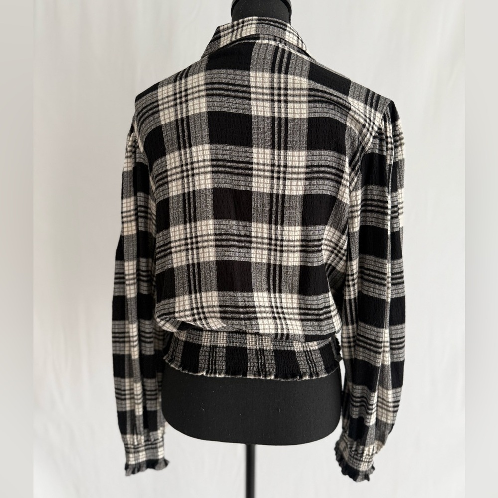 1. State Black & lvory Plaid Smocked Waist Blouse Cropped Button Front - Picture 10 of 14